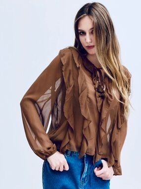 FROM PARIS FRANCE 🇫🇷 Brown Ruffle V-Neck Blouse - Women's Top
